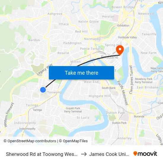 Sherwood Rd at Toowong West, Stop 22 to James Cook University map