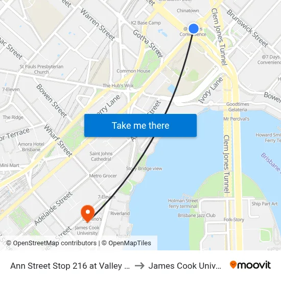 Ann Street Stop 216 at Valley Island to James Cook University map