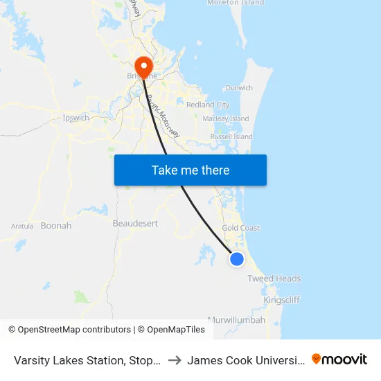Varsity Lakes Station, Stop A to James Cook University map