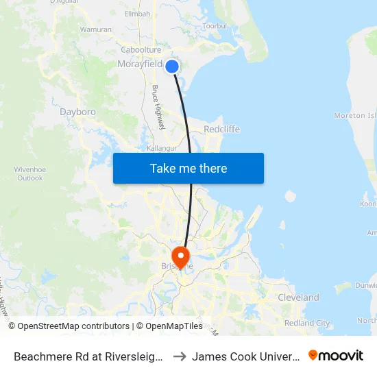 Beachmere Rd at Riversleigh Rd to James Cook University map