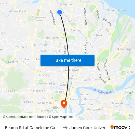 Beams Rd at Carseldine Campus to James Cook University map
