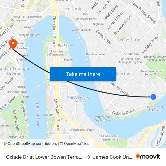 Oxlade Dr at Lower Bowen Terrace, Stop 19 to James Cook University map
