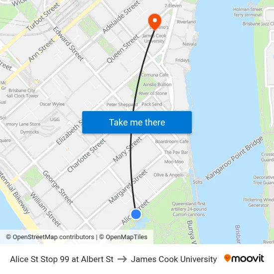Alice St Stop 99 at Albert St to James Cook University map