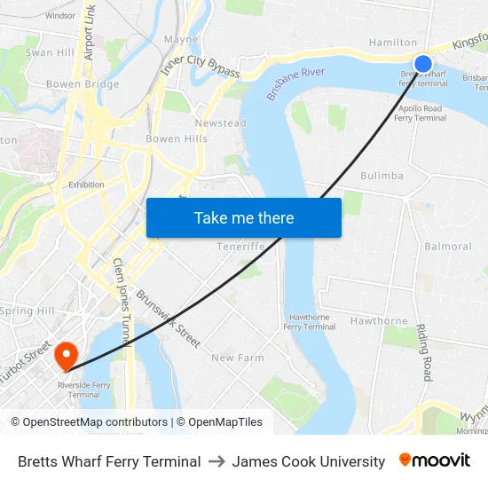 Bretts Wharf Ferry Terminal to James Cook University map
