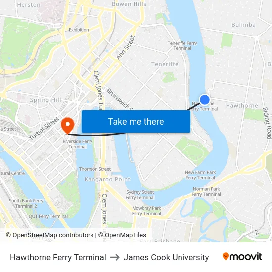 Hawthorne Ferry Terminal to James Cook University map