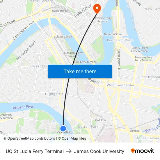 UQ St Lucia Ferry Terminal to James Cook University map