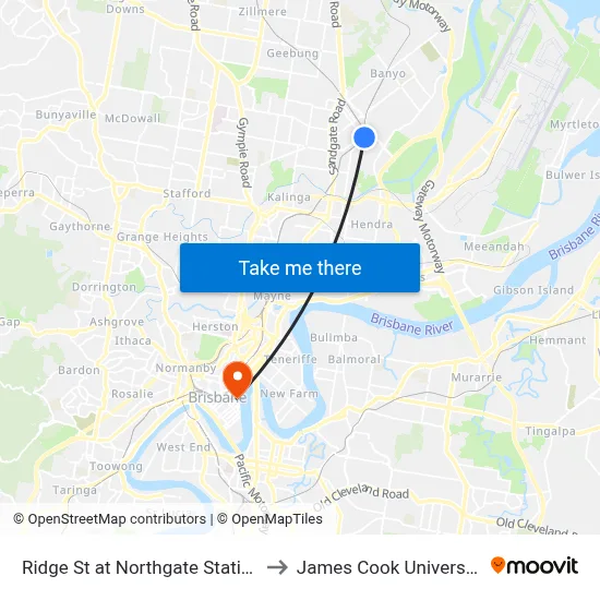 Ridge St at Northgate Station to James Cook University map
