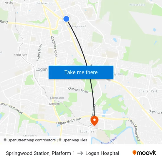 Springwood Station, Platform 1 to Logan Hospital map