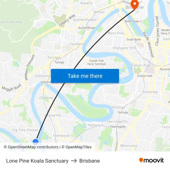 Lone Pine Koala Sanctuary to Brisbane map