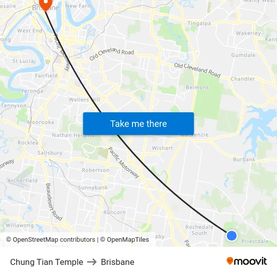 Chung Tian Temple to Brisbane map