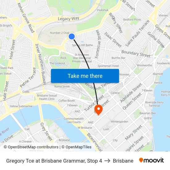 Gregory Tce at Brisbane Grammar, Stop 4 to Brisbane map