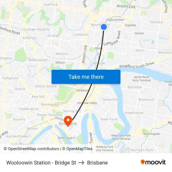 Wooloowin Station - Bridge St to Brisbane map