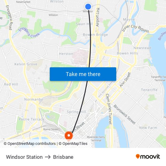 Windsor Station to Brisbane map