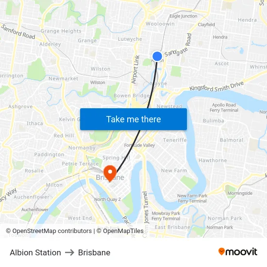 Albion Station to Brisbane map