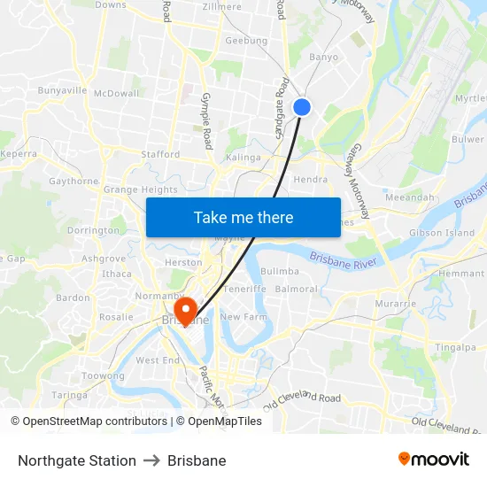 Northgate Station to Brisbane map