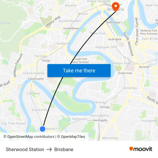 Sherwood Station to Brisbane map