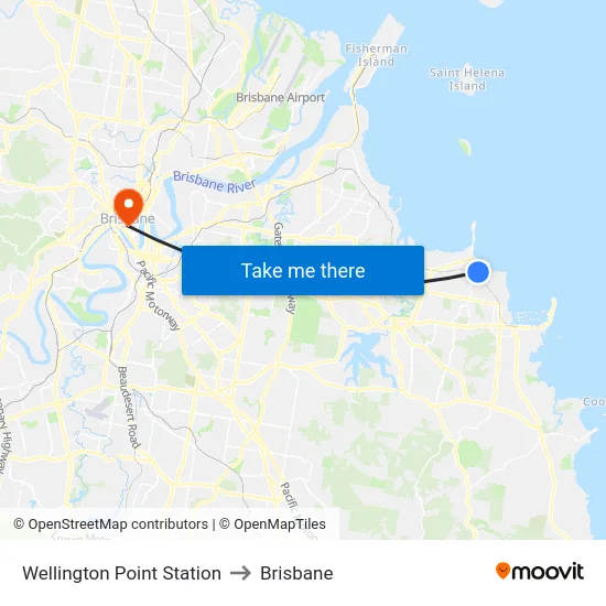 Wellington Point Station to Brisbane map