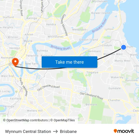 Wynnum Central Station to Brisbane map