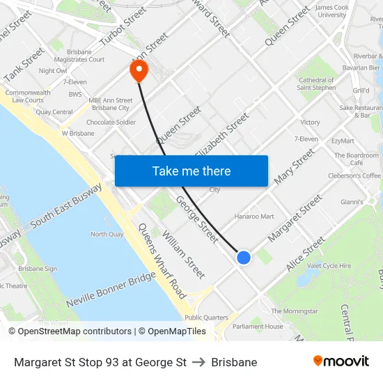 Margaret St Stop 93 at George St to Brisbane map