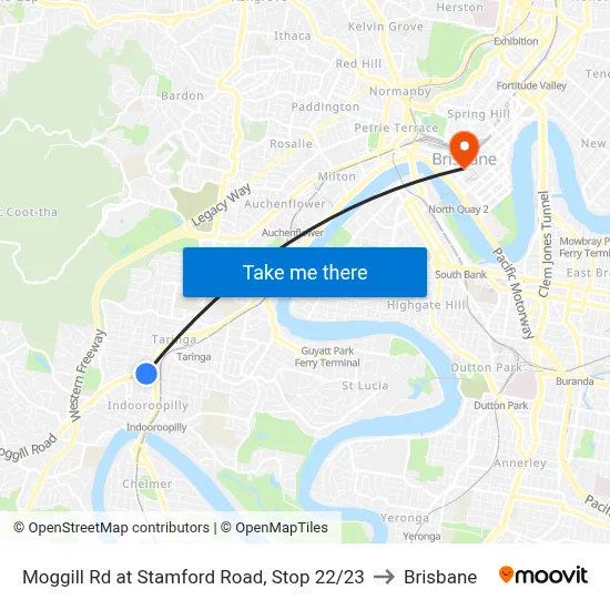 Moggill Rd at Stamford Road, Stop 22/23 to Brisbane map