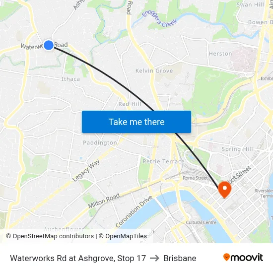 Waterworks Rd at Ashgrove, Stop 17 to Brisbane map
