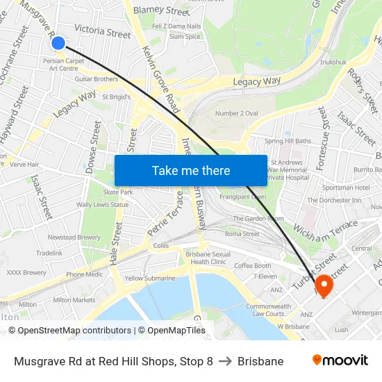 Musgrave Rd at Red Hill Shops, Stop 8 to Brisbane map