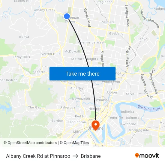Albany Creek Rd at Pinnaroo to Brisbane map