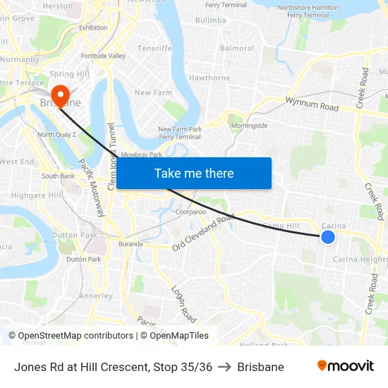 Jones Rd at Hill Crescent, Stop 35/36 to Brisbane map