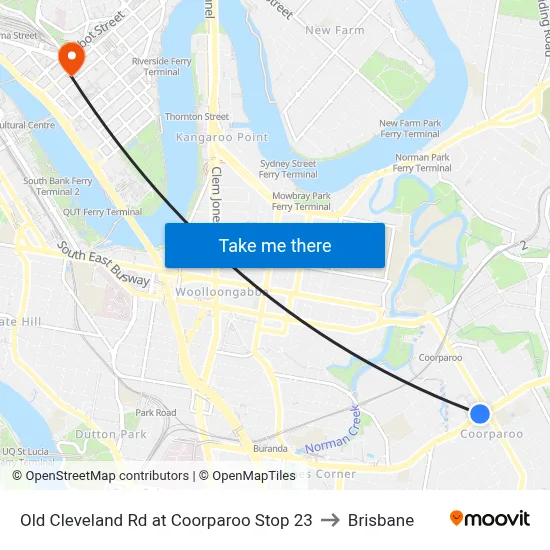Old Cleveland Rd at Coorparoo Stop 23 to Brisbane map