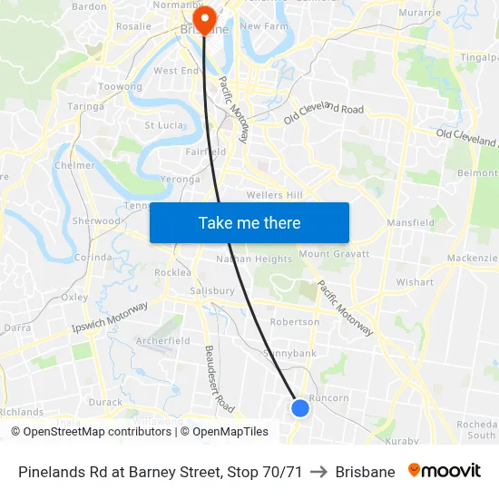 Pinelands Rd at Barney Street, Stop 70/71 to Brisbane map