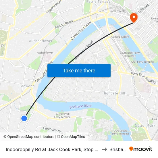 Indooroopilly Rd at Jack Cook Park, Stop 18/19 to Brisbane map