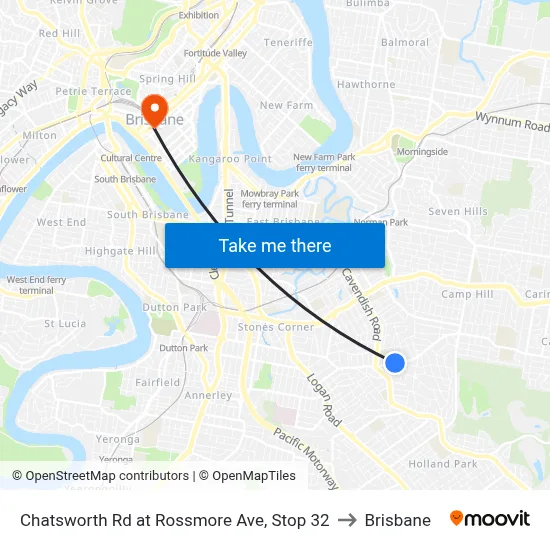 Chatsworth Rd at Rossmore Ave, Stop 32 to Brisbane map