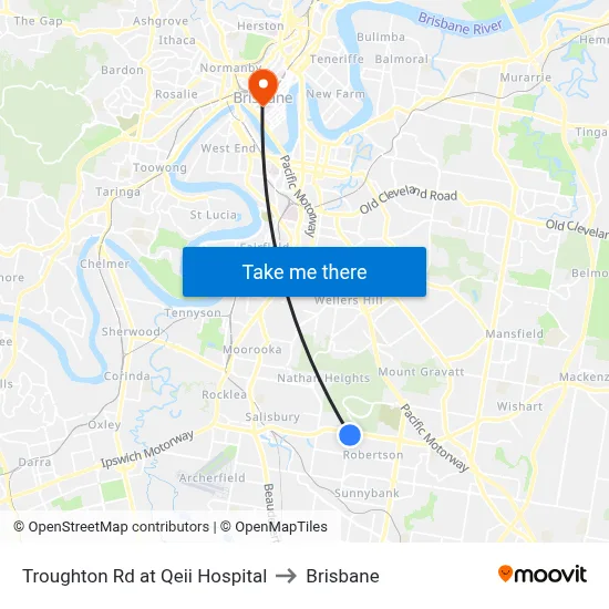 Troughton Rd at Qeii Hospital to Brisbane map