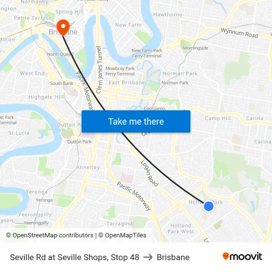 Seville Rd at Seville Shops, Stop 48 to Brisbane map