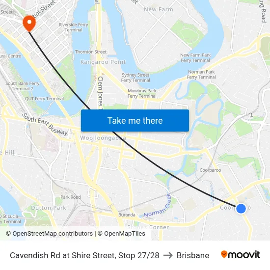 Cavendish Rd at Shire Street, Stop 27/28 to Brisbane map