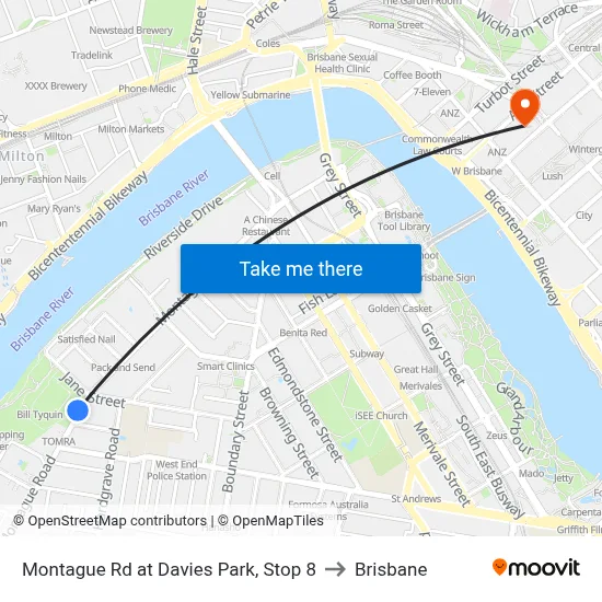 Montague Rd at Davies Park, Stop 8 to Brisbane map