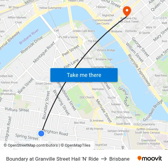 Boundary at Granville Street Hail 'N' Ride to Brisbane map