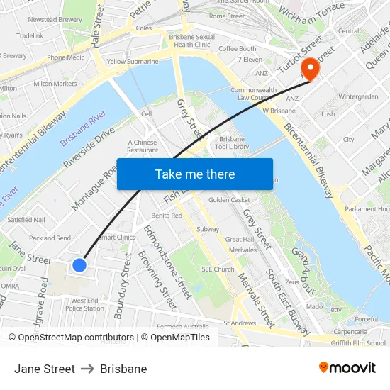 Jane Street to Brisbane map