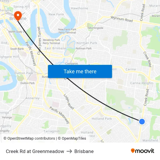Creek Rd at Greenmeadow to Brisbane map