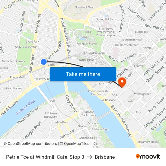Petrie Tce at Windmill Cafe, Stop 3 to Brisbane map