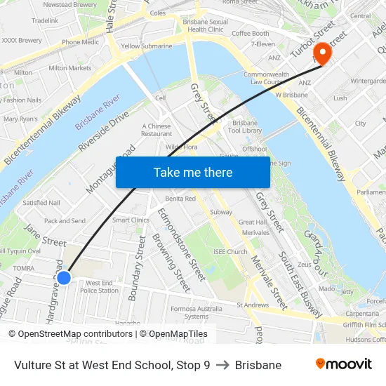 Vulture St at West End School, Stop 9 to Brisbane map
