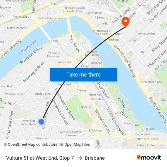 Vulture St at West End, Stop 7 to Brisbane map