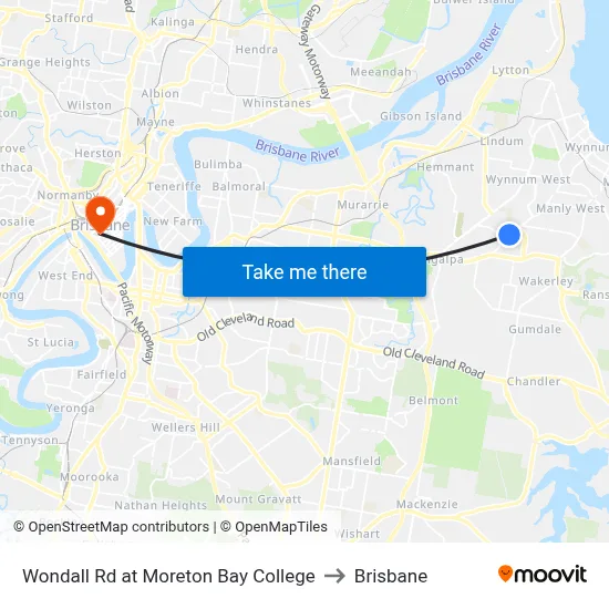 Wondall Rd at Moreton Bay College to Brisbane map