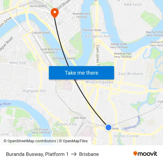 Buranda Busway, Platform 1 to Brisbane map