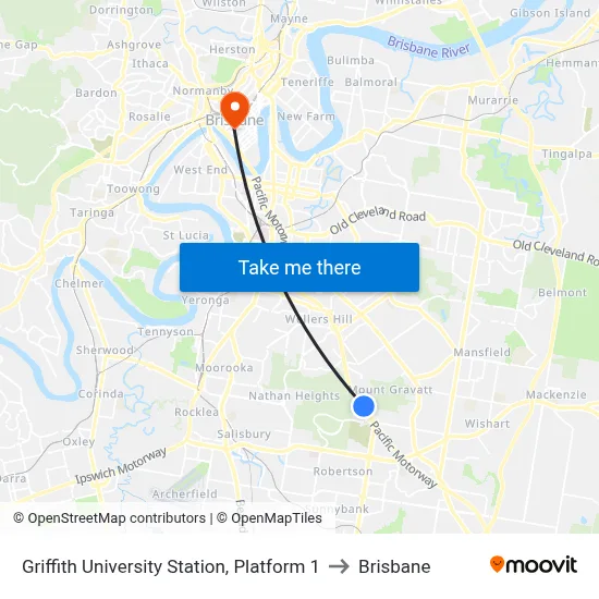 Griffith University Station, Platform 1 to Brisbane map