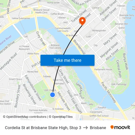 Cordelia St at Brisbane State High, Stop 3 to Brisbane map
