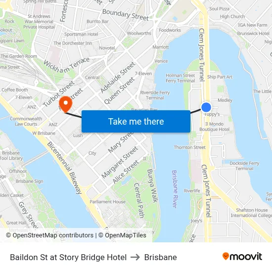 Baildon St at Story Bridge Hotel to Brisbane map