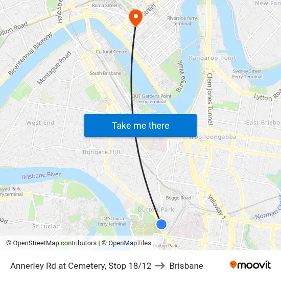 Annerley Rd at Cemetery, Stop 18/12 to Brisbane map