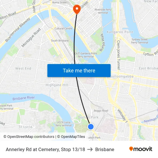 Annerley Rd at Cemetery, Stop 13/18 to Brisbane map