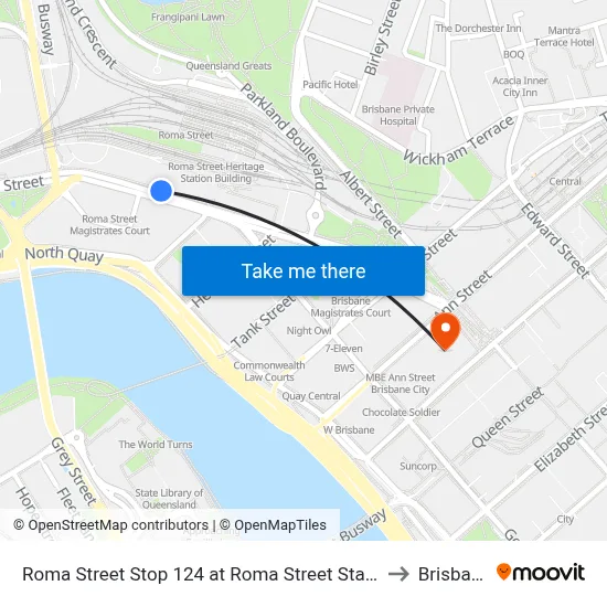 Roma Street Stop 124 at Roma Street Station to Brisbane map